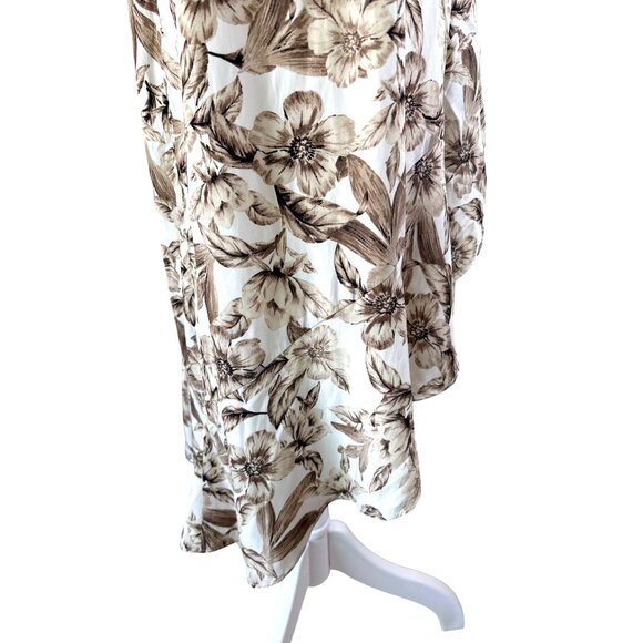 J Jill Creme Brown Floral Skirt Size Medium Hi Low Midi Faux Wrap Elastic Waist - Picture 9 of 15